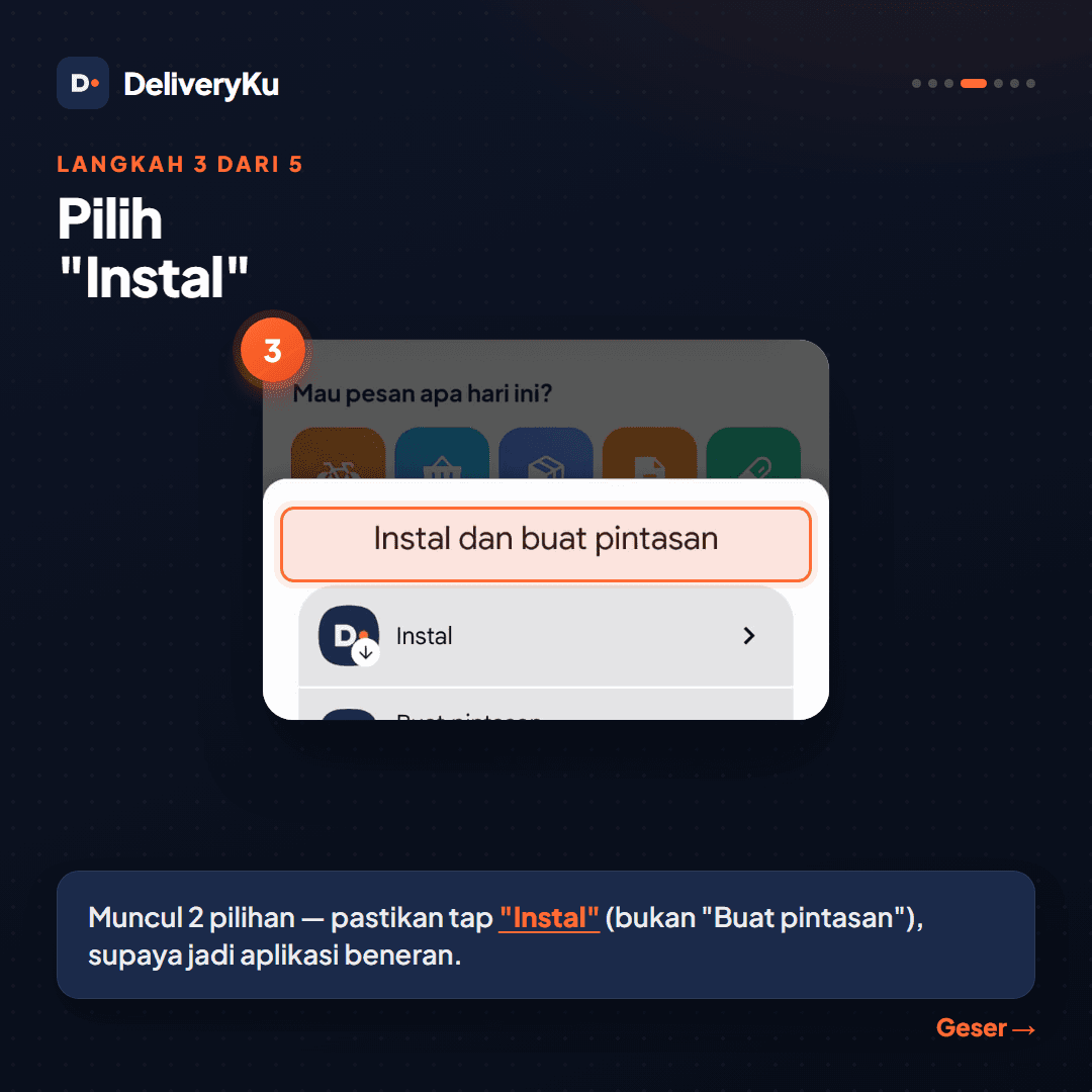 Langkah 3 dari 5: pada popup yang muncul, pilih "Instal" (bukan "Buat pintasan") supaya jadi aplikasi beneran