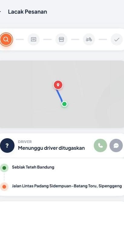 Halaman lacak pesanan dengan status menunggu driver ditugaskan