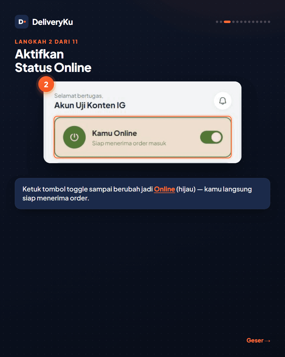 Tampilan toggle status online di aplikasi driver