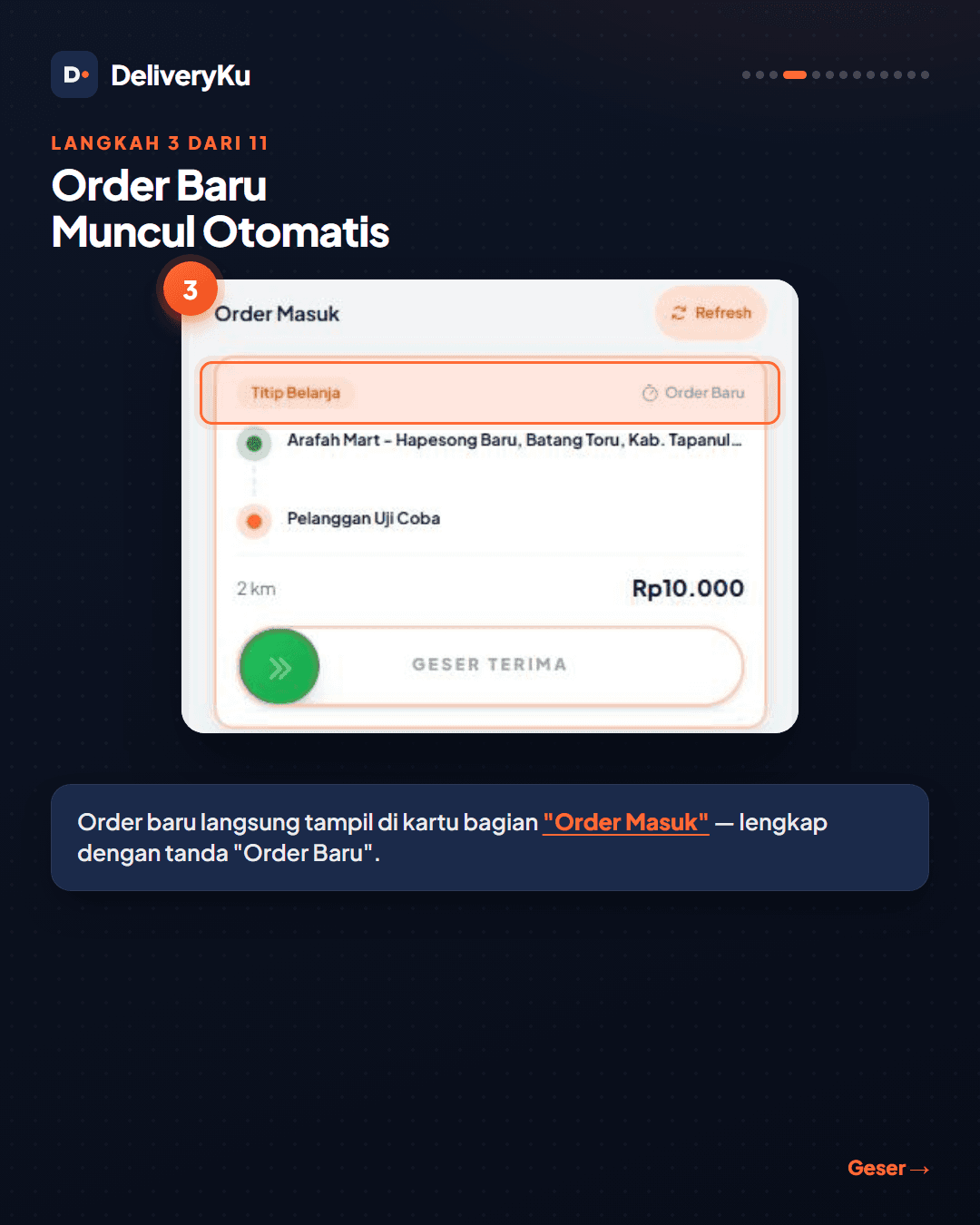 Order baru muncul di kartu Order Masuk