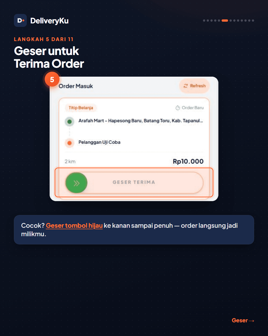 Geser tombol hijau untuk menerima order