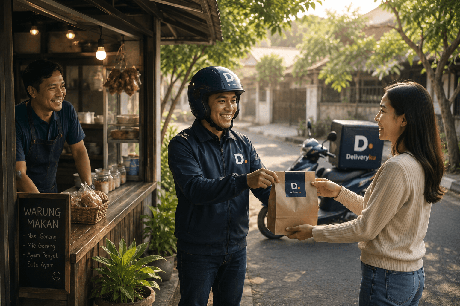 Mitra driver DeliveryKu menyerahkan pesanan ke pelanggan di depan warung lokal
